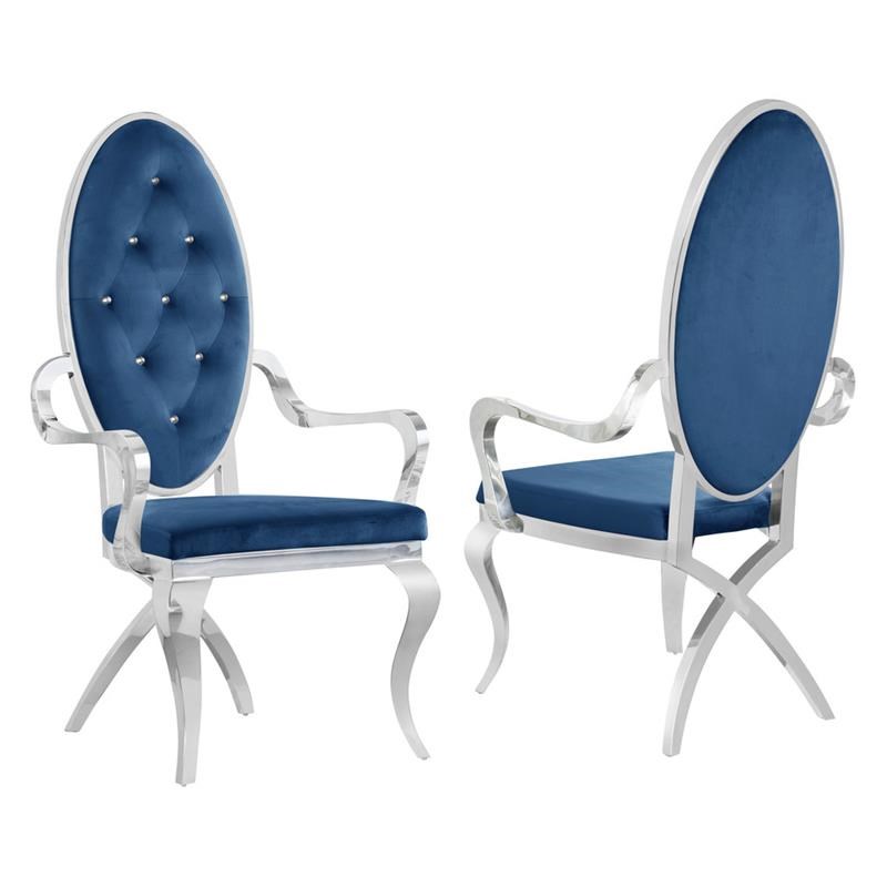Tufted Arm Chairs in Navy Blue Velvet and Silver Stainless Steel (Set of 2)