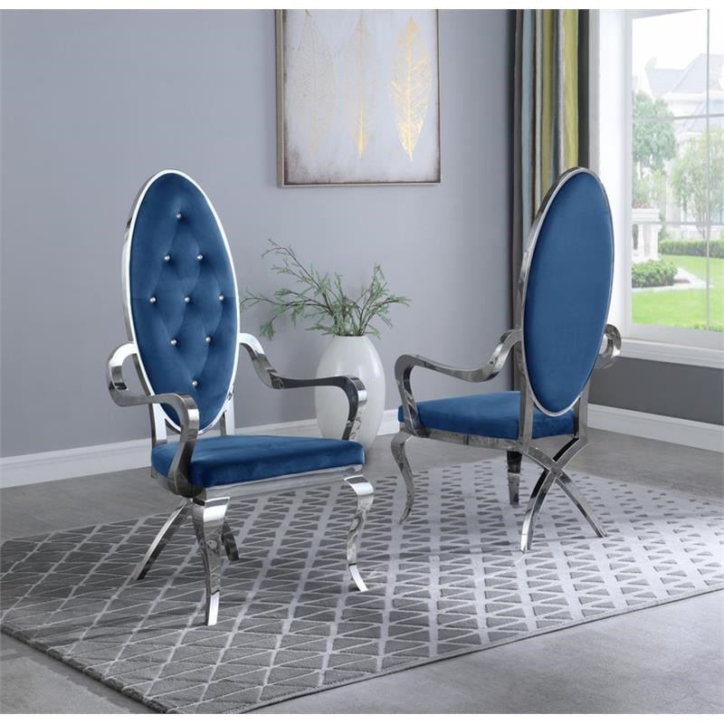 Tufted Arm Chairs in Navy Blue Velvet and Silver Stainless Steel (Set of 2)