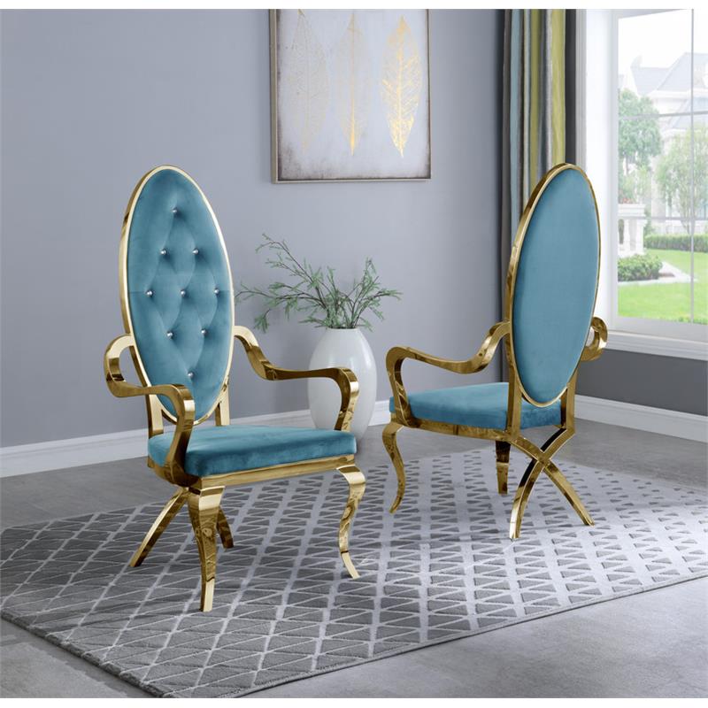 Tufted Arm Chairs in Teal Blue Velvet and Gold Stainless Steel (Set of 2)