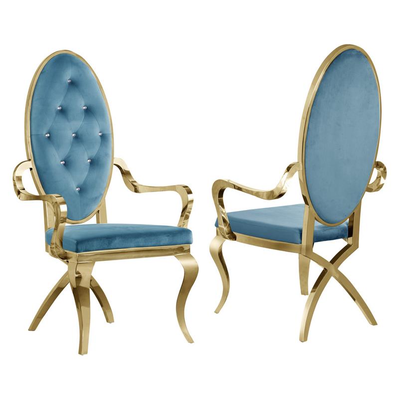 Tufted Arm Chairs in Teal Blue Velvet and Gold Stainless Steel (Set of 2)