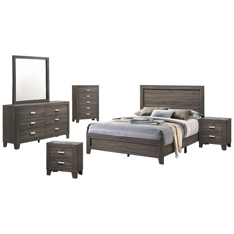 Rustic Wood Gray 6pc Bedroom Set in Eastern King with Chest and 2 Nightstands