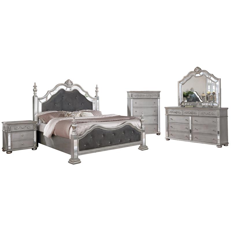 Elegant 5pc Metallic Gray Velvet, Diana Queen Bedroom Set