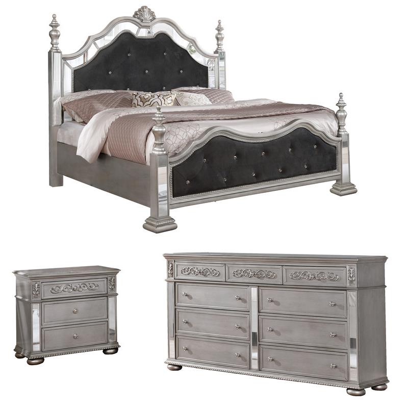 Elegant 3pc Metallic Black Velvet Bedroom Set with Eastern King Bed