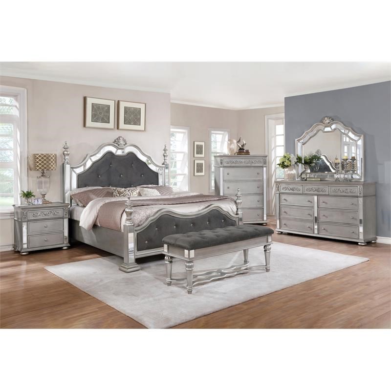 Elegant Metallic Gray Wood Bedroom Chest with Mirror Panels