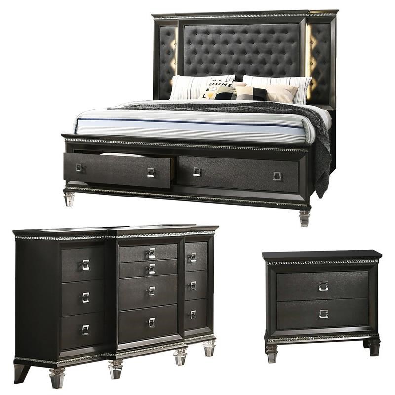 Lavish 3 Piece Gray Bedroom Set with Light up Headboard in Queen Size