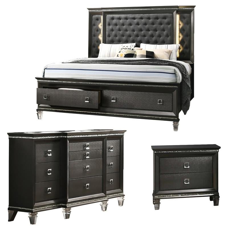 Lavish 3 Piece Gray Bedroom Set with Light up Headboard in California King