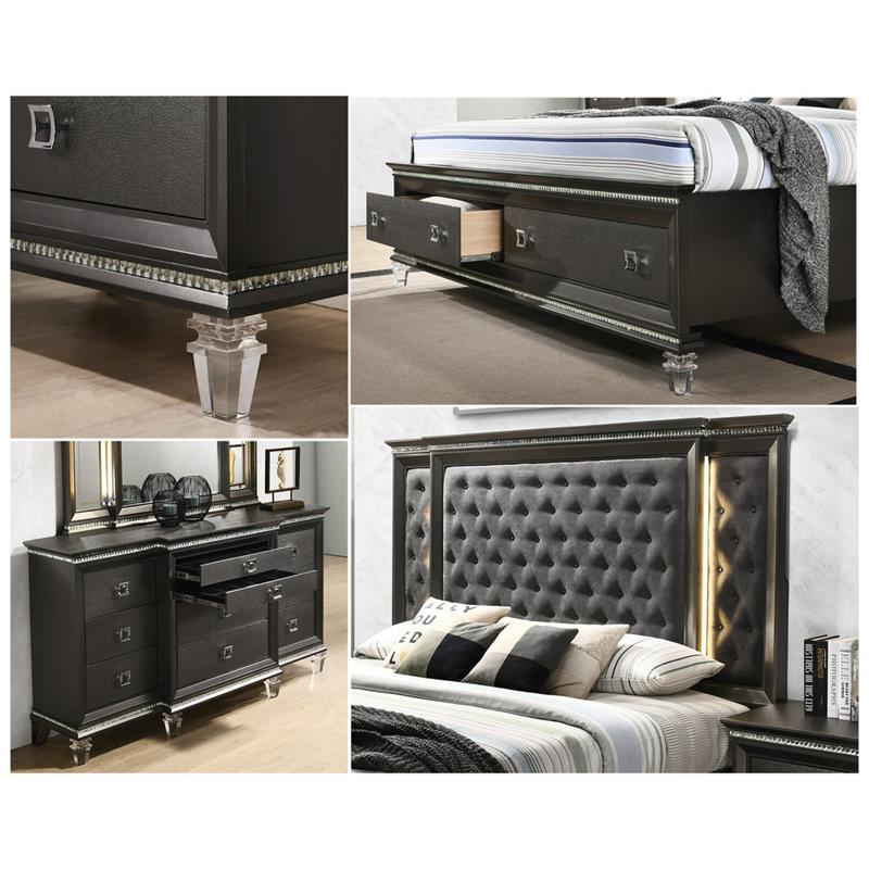 Lavish 3 Piece Gray Bedroom Set with Light up Headboard in Eastern King