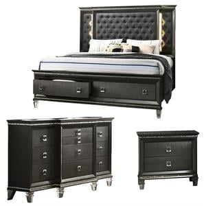 Lavish 3 Piece Gray Bedroom Set with Light up Headboard in Eastern King