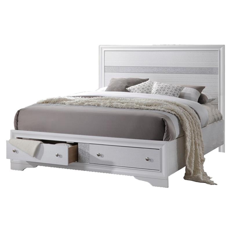 Chic White Wood Queen Sized Platform Bed with Footboard Storage