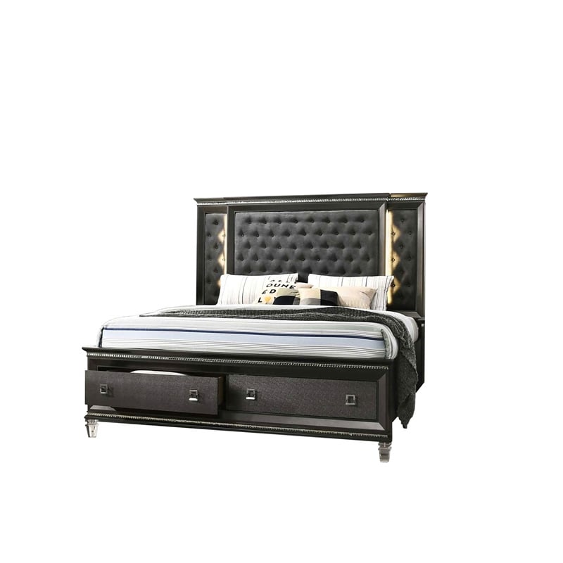 Lavish Dark Gray Wood Queen Size Bed with Lights and Storage Footboard