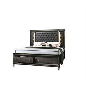 Lavish Dark Gray Wood Queen Size Bed with Lights and Storage Footboard