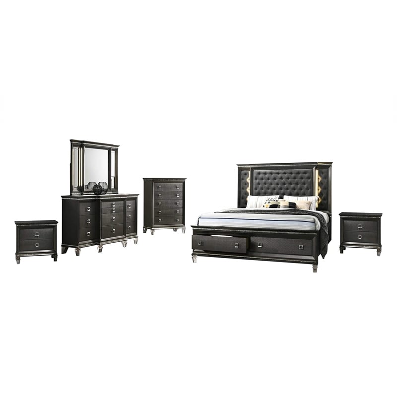 Lavish Dark Gray Wood Queen Size Bed with Lights and Storage Footboard