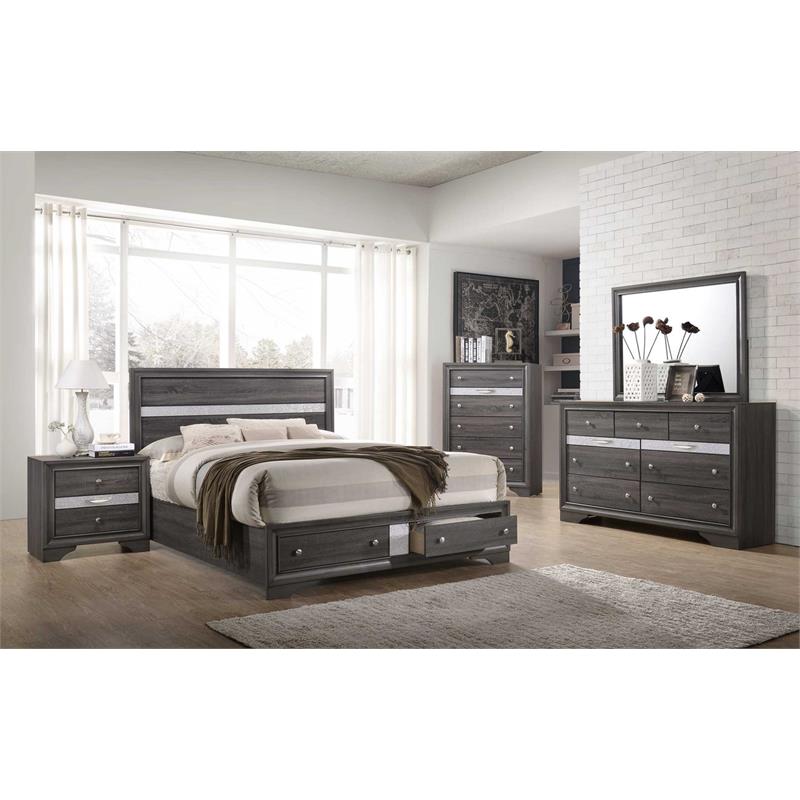 Queen Sized Gray and Silver Wood Bedframe with 2 Drawer Storage