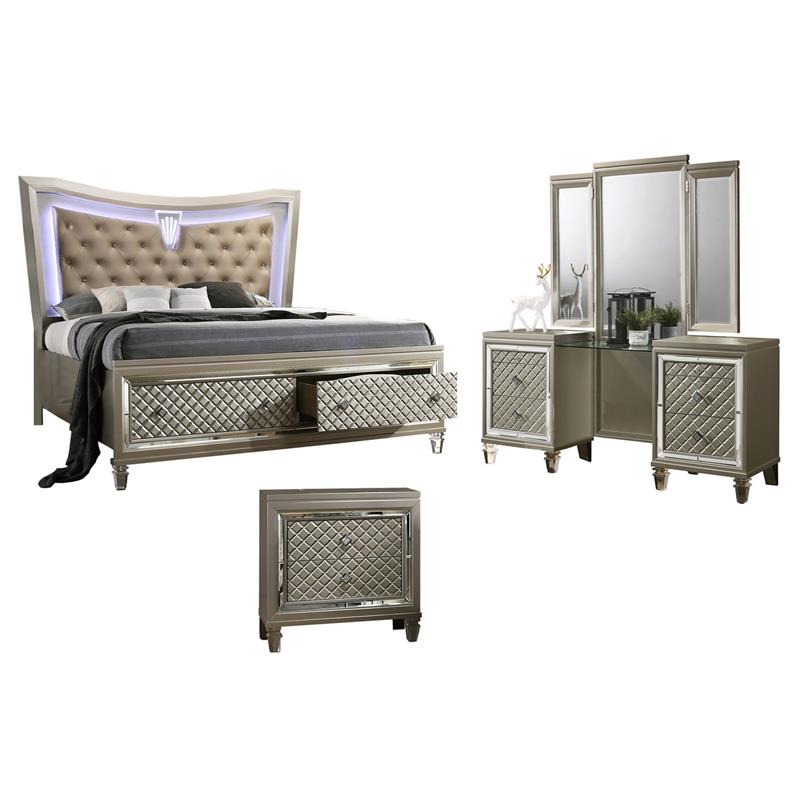 Champagne Silver Wood 3 Piece Set with Vanity and Eastern King Bed