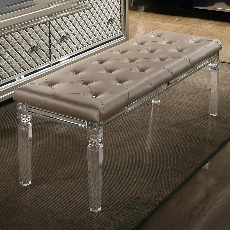 Champagne Beige Faux Leather Vanity Bench with Acrylic Legs