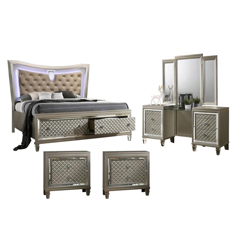 Champagne Silver Wood 4 Piece Set with Vanity and California King Bed