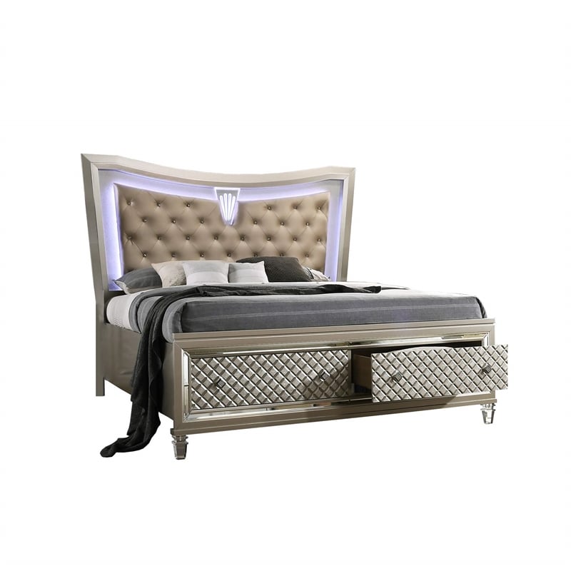 Champagne Silver Wood Eastern King Bed with Lights