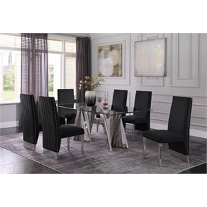 Clear Glass Dining Set with Table and 6 Black Velvet Chairs