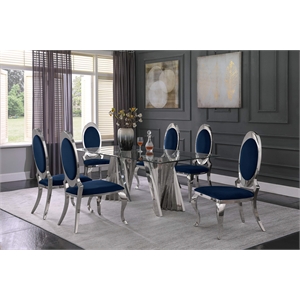 Clear Glass Dining Set with Table and 6 Oval Navy Blue Velvet Chairs