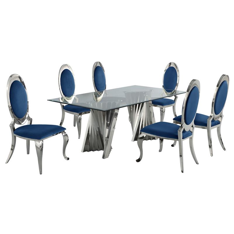 Clear Glass Dining Set with Table and 6 Oval Navy Blue Velvet Chairs