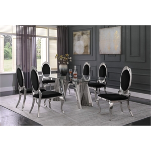 Clear Glass Dining Set with Table and 6 Oval Black Velvet Chairs