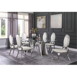 Clear Glass Dining Set with Table and 6 Oval White Faux Leather Chairs