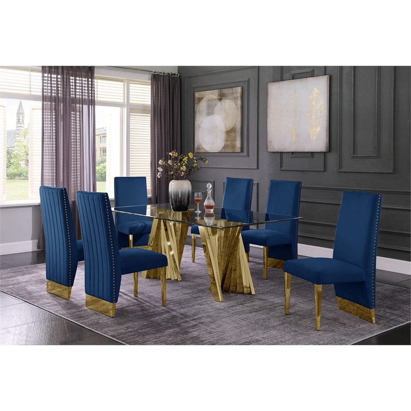 Clear Glass Dining Set with Table and 6 Navy Blue Velvet Chairs