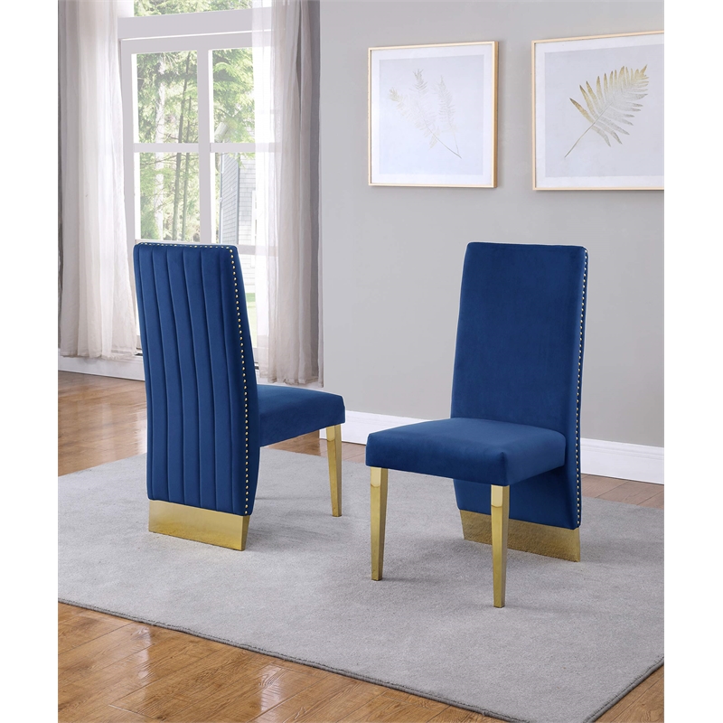 Clear Glass Dining Set with Table and 6 Navy Blue Velvet Chairs