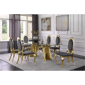 Clear Glass Dining Set with Table and 6 Oval Gray Velvet Chairs