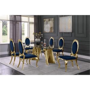 Clear Glass Dining Set with Table and 6 Oval Navy Blue Velvet Chairs