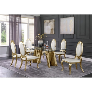 Clear Glass Dining Set with Table and 6 Oval White Faux Leather Chairs