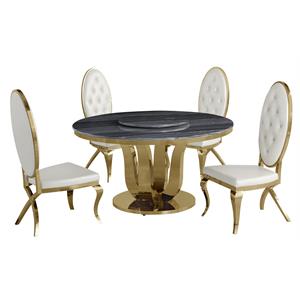 5pc. dining set with gray marble table and white faux leather chairs