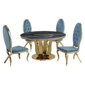 5pc. dining set with gray marble table and teal velvet chairs