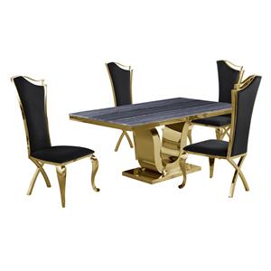 5pc. dining set with gray marble table and black velvet chairs