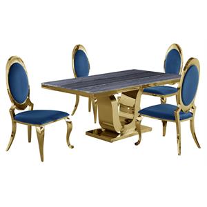 5pc. dining set with gray marble table and navy velvet chairs