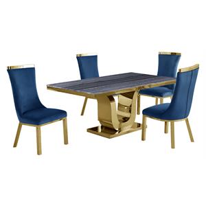 5pc. dining set with gray marble table and navy velvet chairs