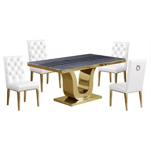 5pc. dining set with gray marble table and white faux leather chairs
