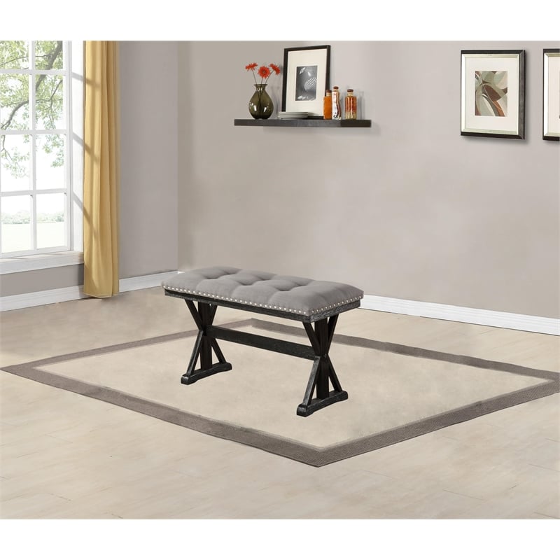 Upholstered Gray Linen Fabric Counterheight Bench with Tufts