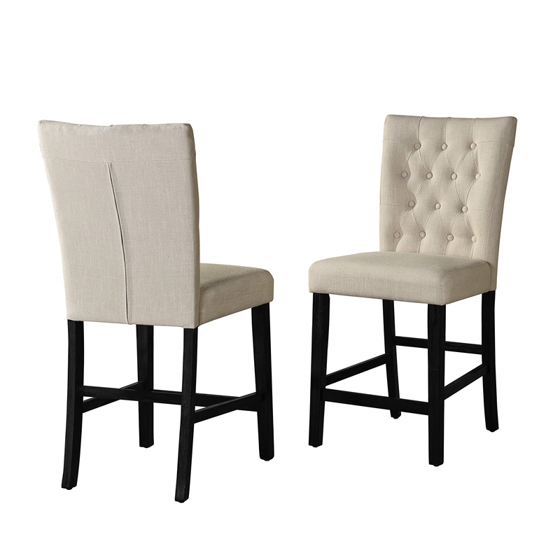 Beige Fabric Linen Counter Height Dining Chairs with Black Base (Set of 2)