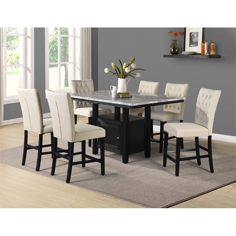 Beige Fabric Linen Counter Height Dining Chairs with Black Base (Set of 2)