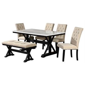 light espresso faux marble dining set with dark wood base and beige chairs