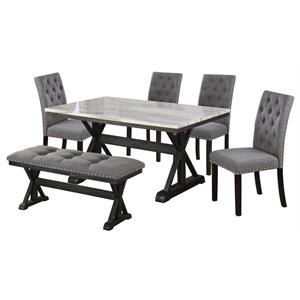 light espresso faux marble dining set with dark wood base and gray chairs