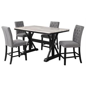 light espresso faux marble counter height dining set with gray chairs wood base