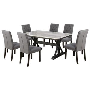 light espresso faux marble dining set with dark wood base and gray chairs