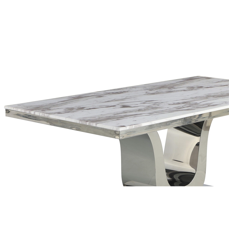 Silver Stainless Steel 9 Piece Dining Set with Marble Table and Gray Chairs