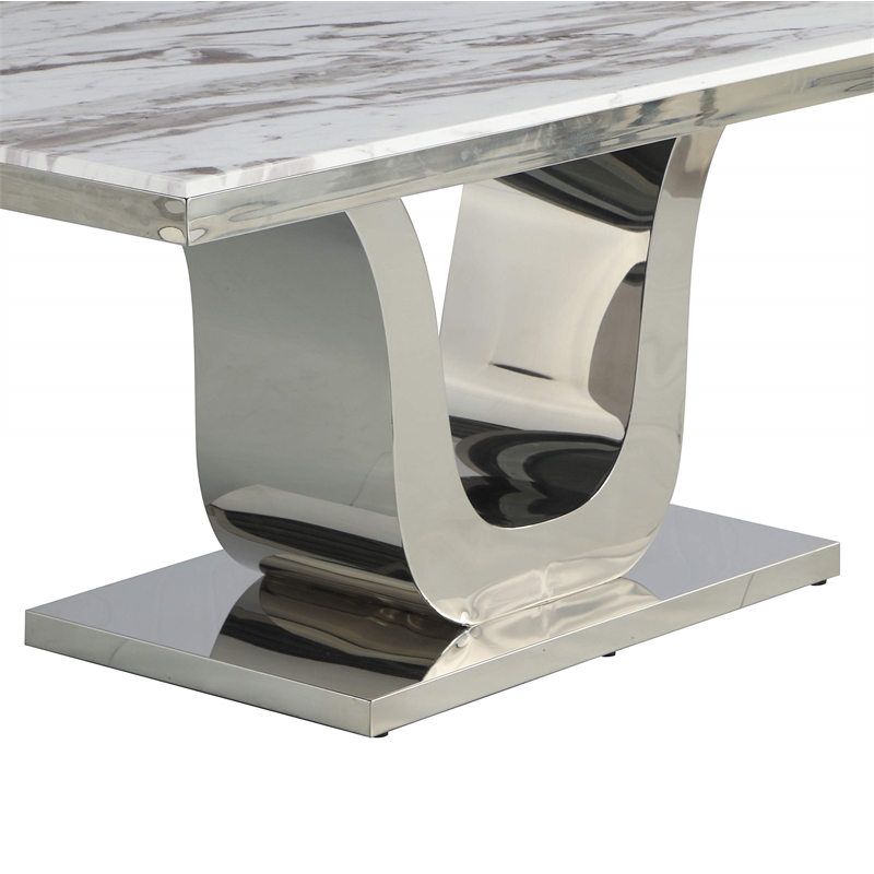 Silver Stainless Steel 9 Piece Dining Set with Marble Table and Gray Chairs