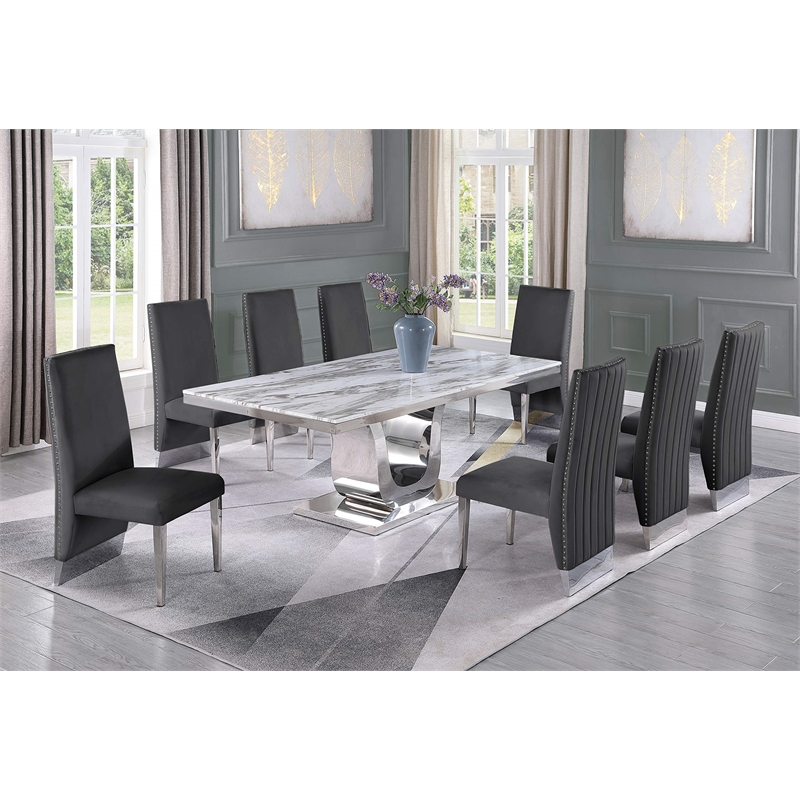 Silver Stainless Steel 9 Piece Dining Set with Marble Table and Gray Chairs