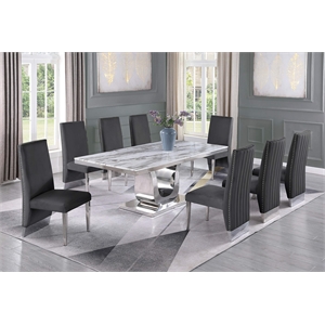 Silver Stainless Steel 9 Piece Dining Set with Marble Table and Gray Chairs
