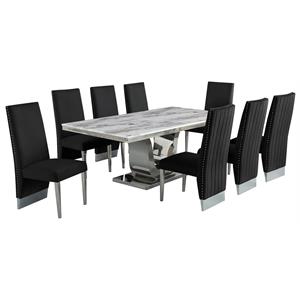 Silver Stainless Steel 9 Piece Dining Set with Marble Table and Black Chairs