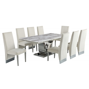Silver Stainless Steel 9 Piece Dining Set with Marble Table and Cream Chairs